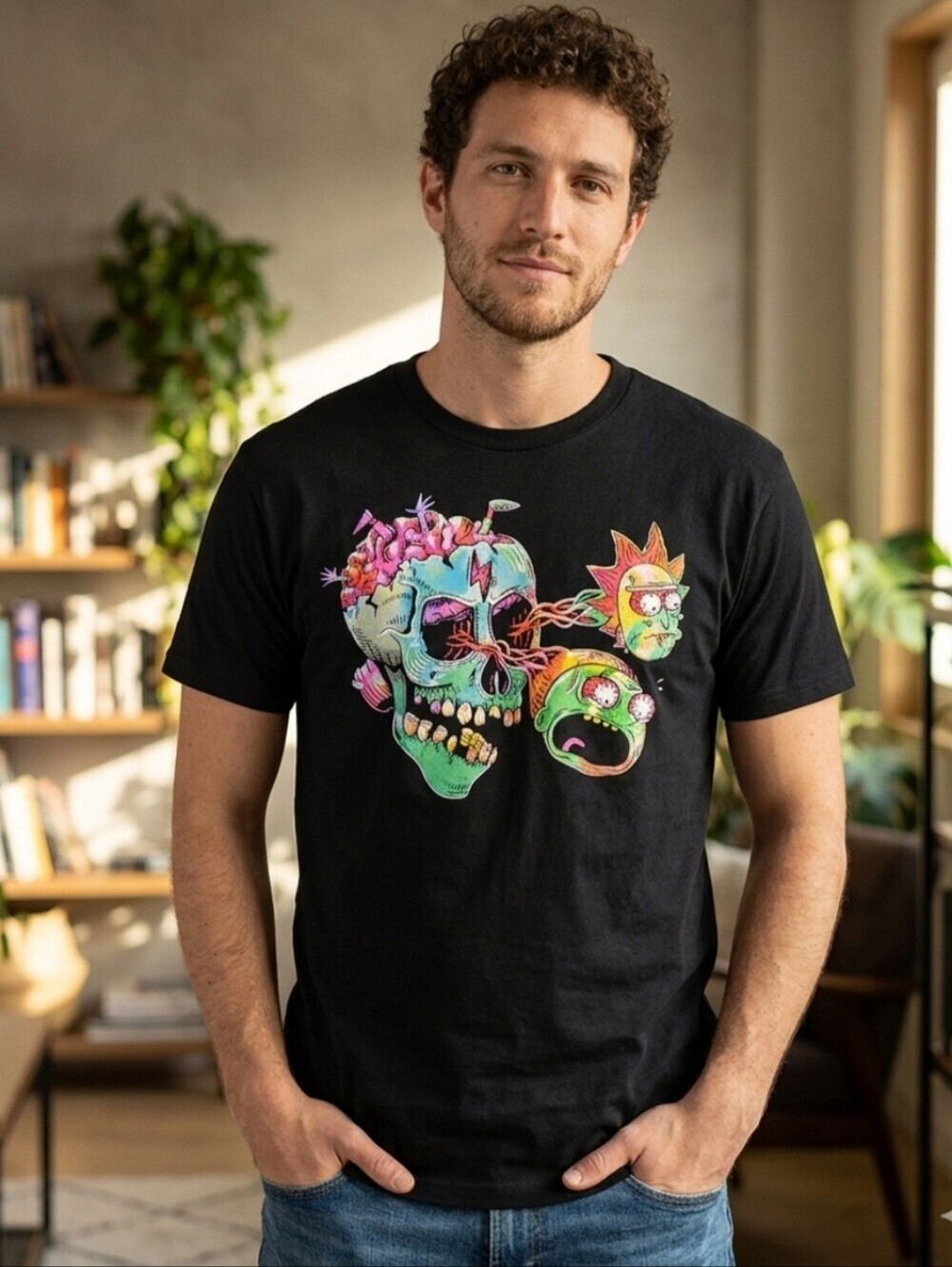 Rick And Morty Adult Size M Black Graphic Tee Trippy Zombie Skull